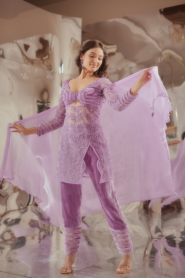 Lilac Tulle & Silk Velvet Zari Embroidered Kurta Set by TUHINA SRIVASTAVA at Pernia's Pop Up Shop