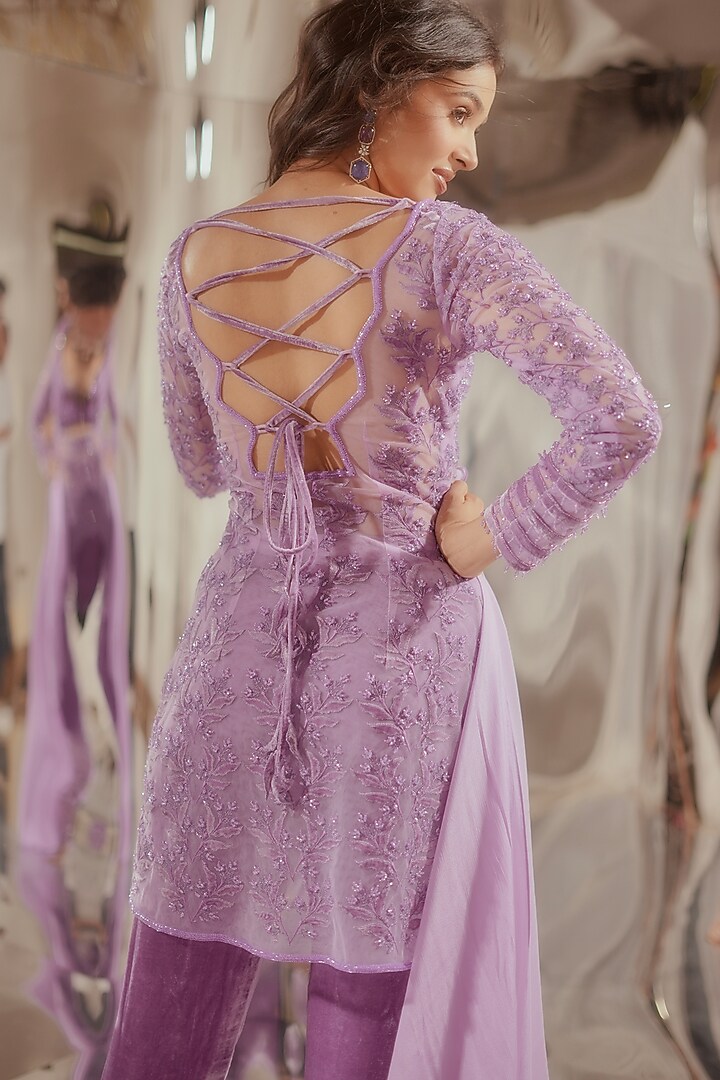 Lilac Tulle & Silk Velvet Zari Embroidered Kurta Set by TUHINA SRIVASTAVA at Pernia's Pop Up Shop