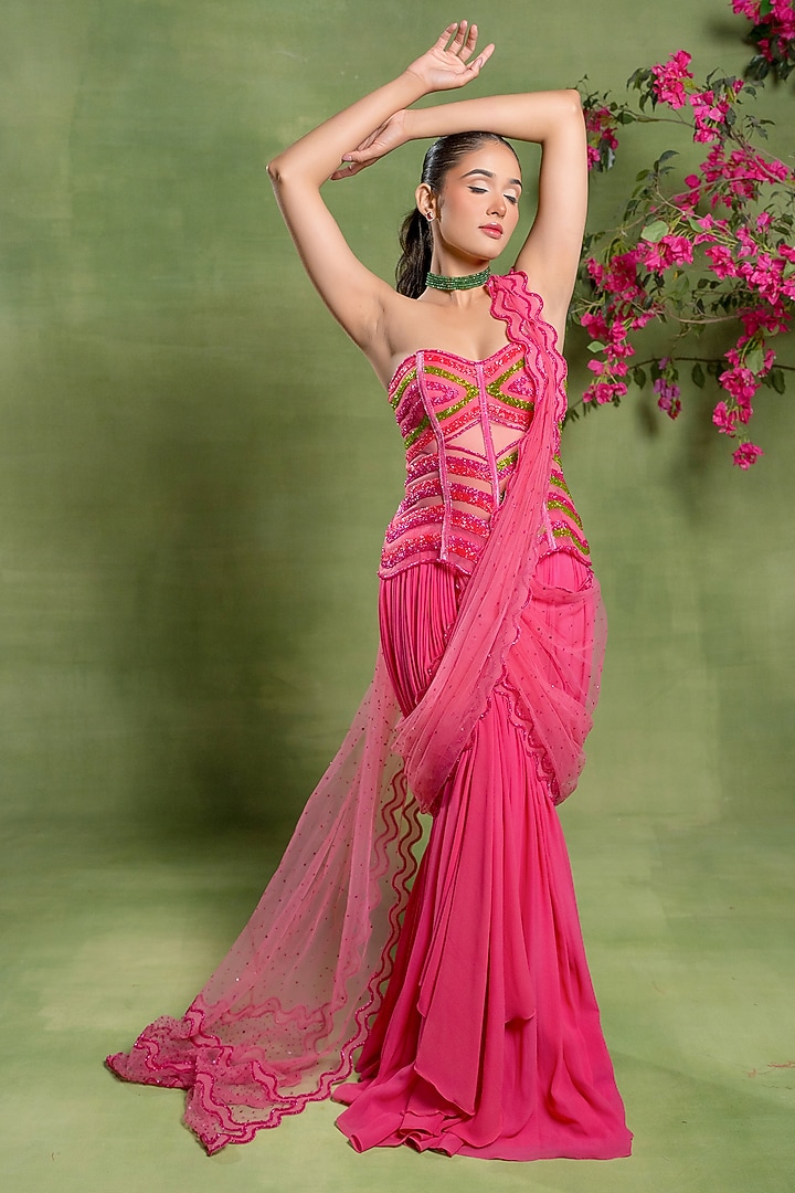 Hot Pink Georgette Skirt Wedding Saree Set by TUHINA SRIVASTAVA at Pernia's Pop Up Shop