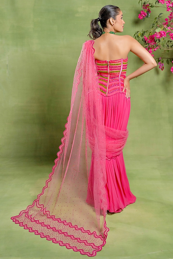 Hot Pink Georgette Skirt Wedding Saree Set by TUHINA SRIVASTAVA at Pernia's Pop Up Shop