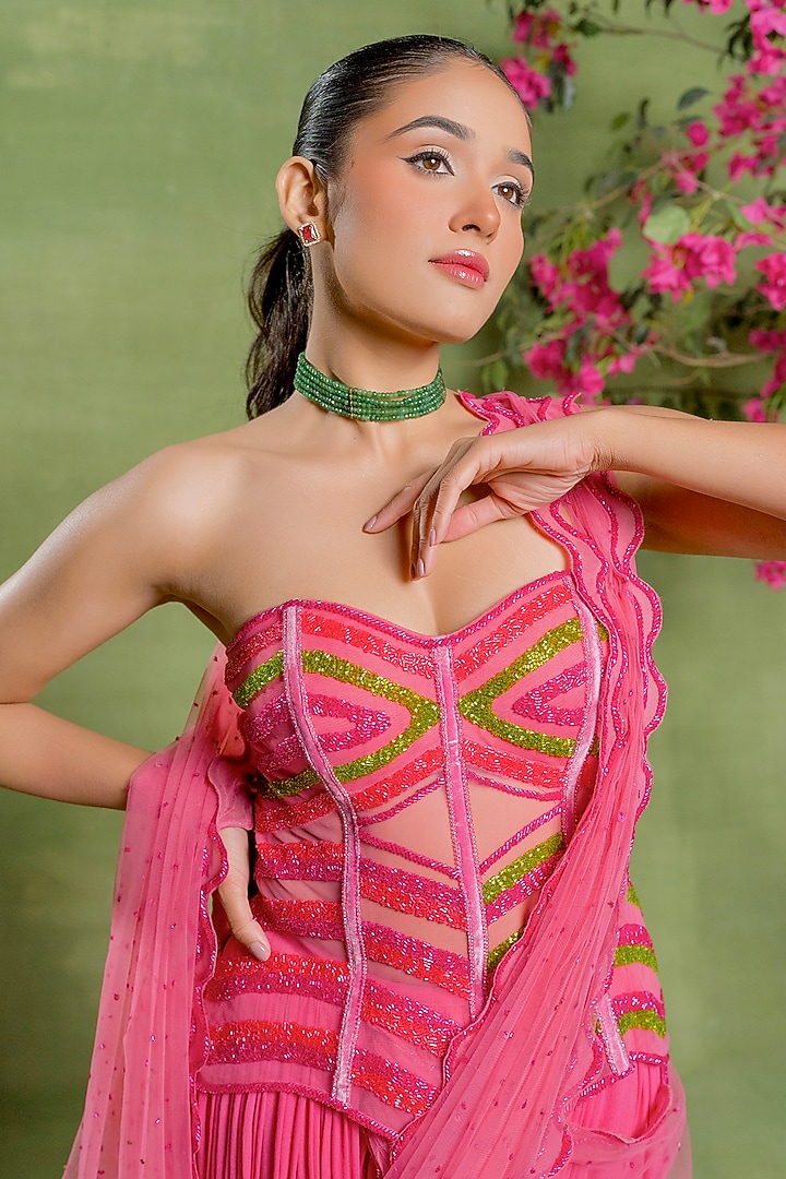Hot Pink Georgette Skirt Wedding Saree Set by TUHINA SRIVASTAVA at Pernia's Pop Up Shop