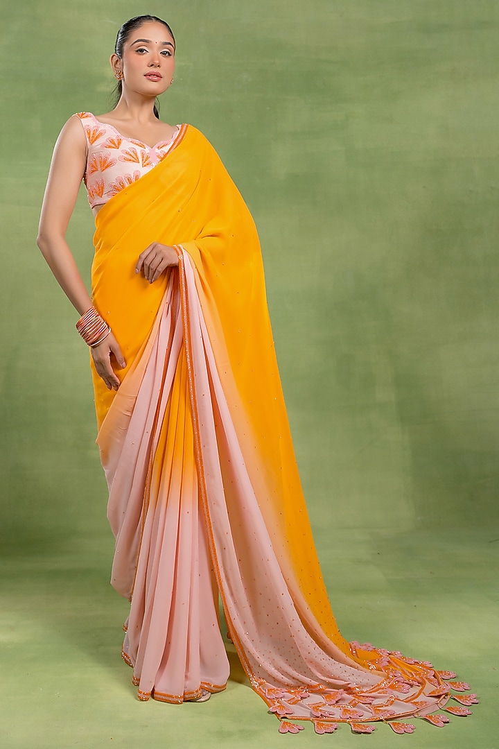 Orange & Pink Shaded Georgette Wedding Saree Set by TUHINA SRIVASTAVA at Pernia's Pop Up Shop