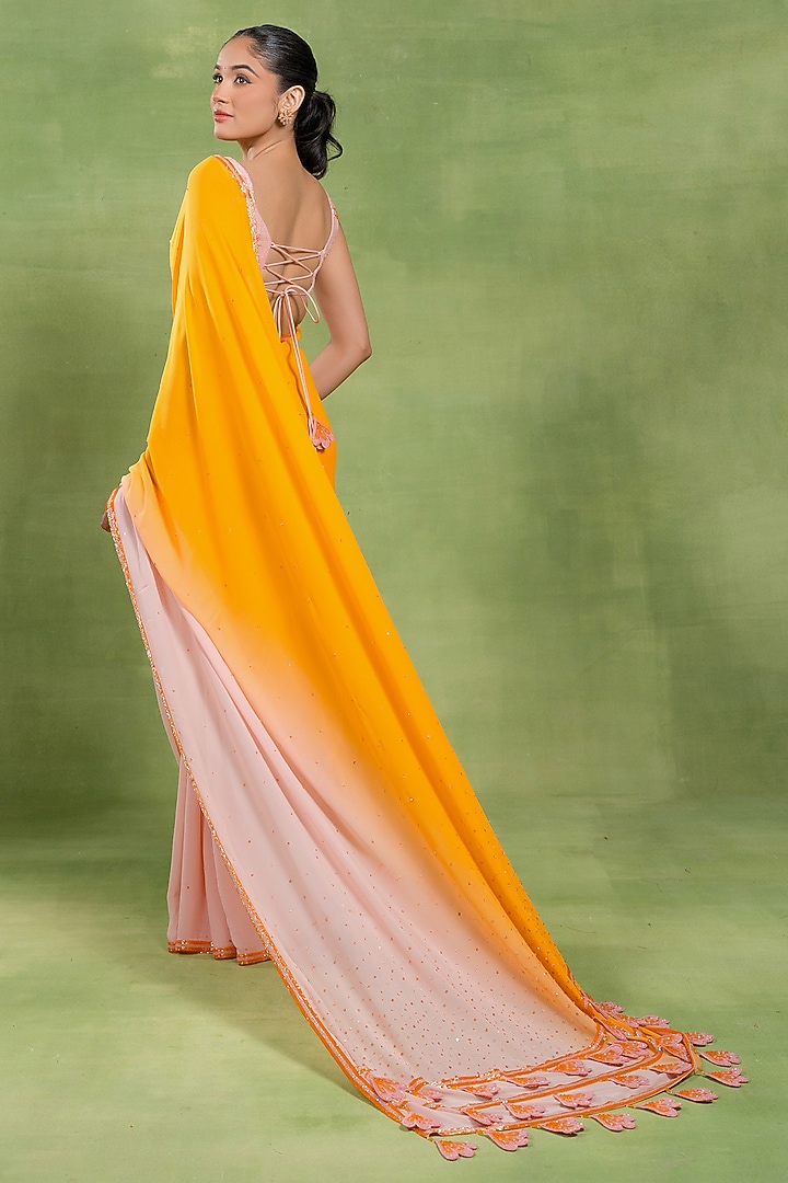 Orange & Pink Shaded Georgette Wedding Saree Set by TUHINA SRIVASTAVA at Pernia's Pop Up Shop