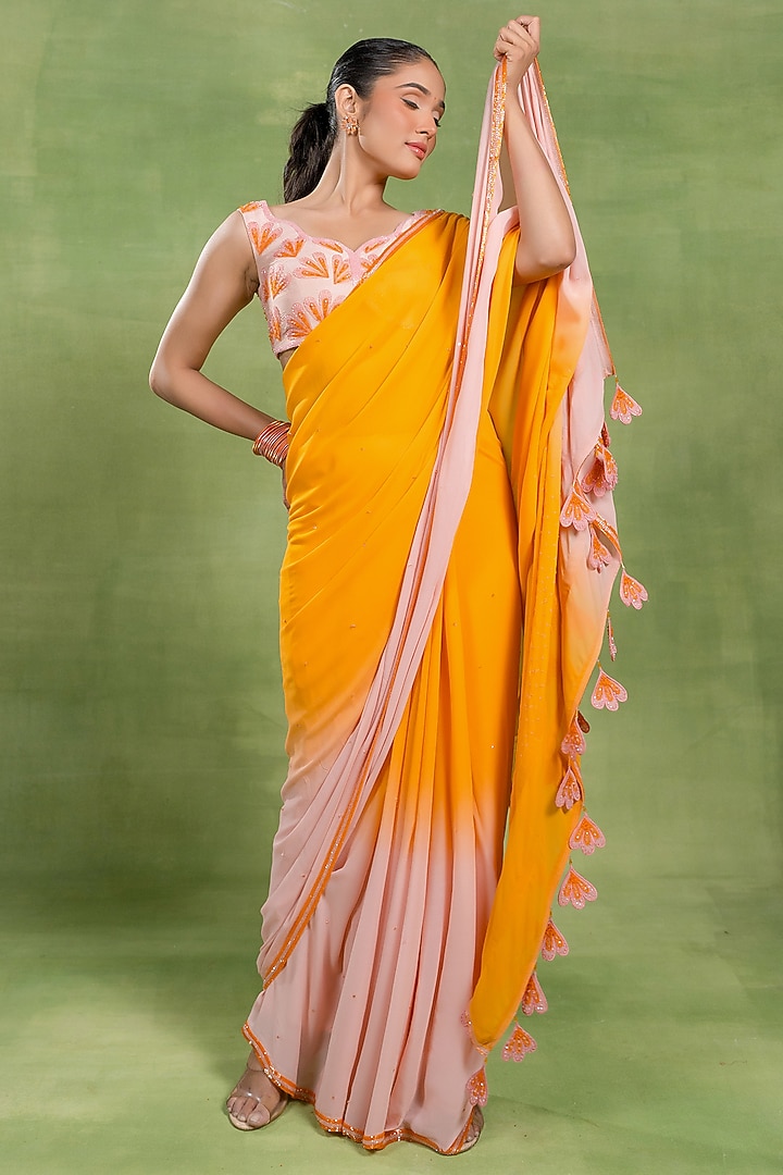 Orange & Pink Shaded Georgette Wedding Saree Set by TUHINA SRIVASTAVA at Pernia's Pop Up Shop