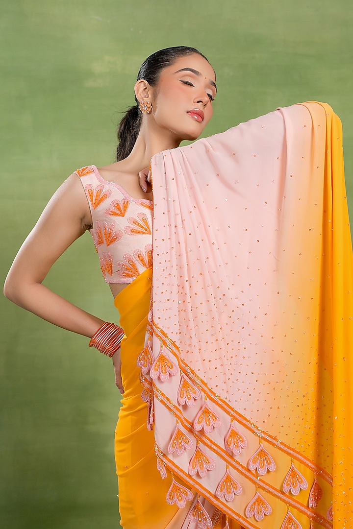Orange & Pink Shaded Georgette Wedding Saree Set by TUHINA SRIVASTAVA at Pernia's Pop Up Shop