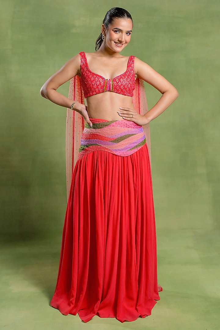 Cherry Red Tulle & Georgette Skirt Set by TUHINA SRIVASTAVA at Pernia's Pop Up Shop