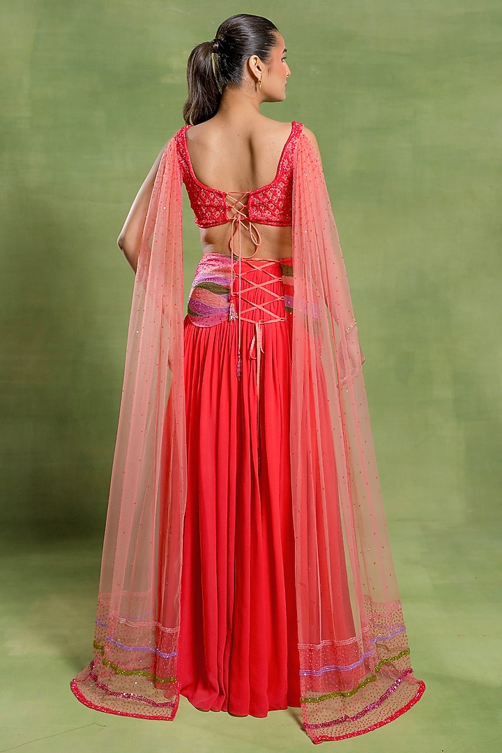 Cherry Red Tulle & Georgette Skirt Set by TUHINA SRIVASTAVA at Pernia's Pop Up Shop