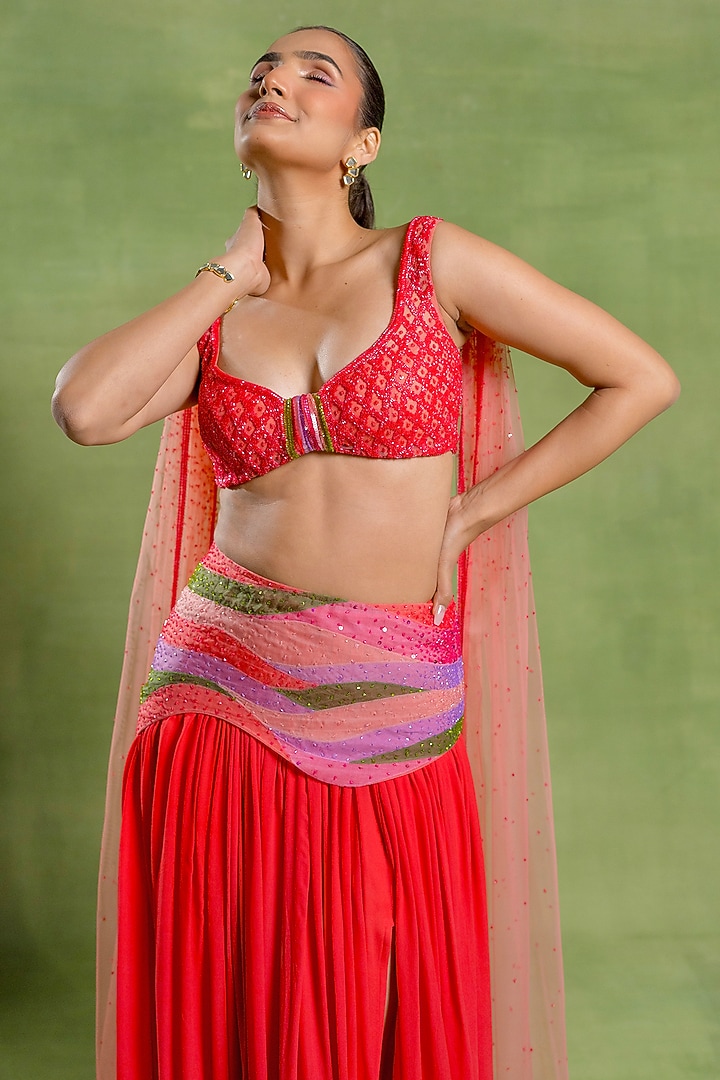 Cherry Red Tulle & Georgette Skirt Set by TUHINA SRIVASTAVA at Pernia's Pop Up Shop