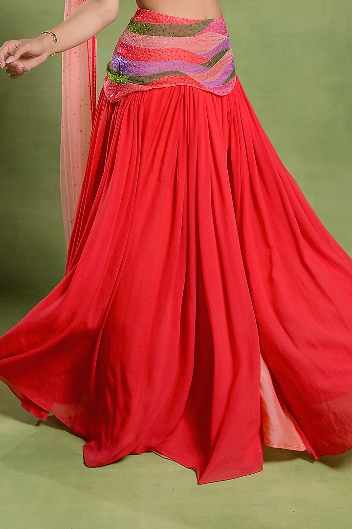 Cherry Red Tulle & Georgette Skirt Set by TUHINA SRIVASTAVA at Pernia's Pop Up Shop