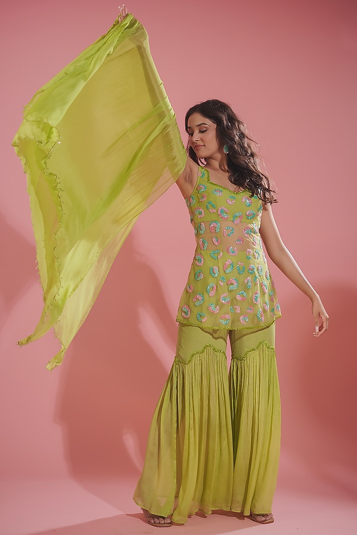 Green Silk Crepe Sharara Set by TUHINA SRIVASTAVA at Pernia's Pop Up Shop