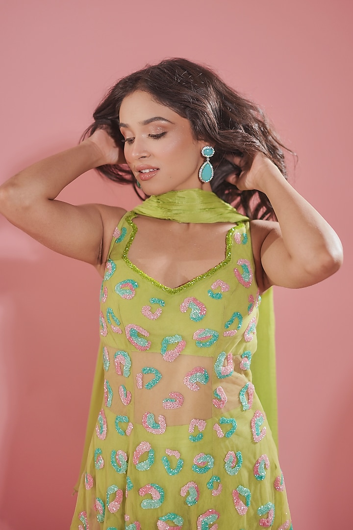 Green Silk Crepe Wedding Sharara Set by TUHINA SRIVASTAVA at Pernia's Pop Up Shop