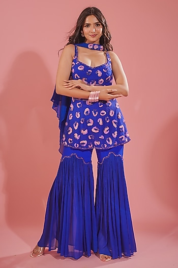 Electric Blue Silk Crepe Wedding Sharara Set by TUHINA SRIVASTAVA at Pernia's Pop Up Shop