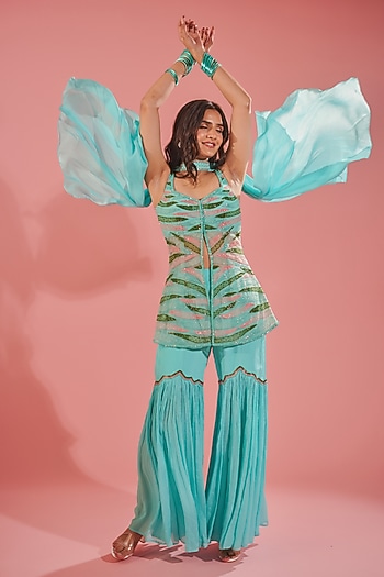 Sea Blue Silk Crepe Wedding Sharara Set by TUHINA SRIVASTAVA at Pernia's Pop Up Shop