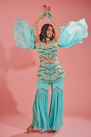 Sea Blue Silk Crepe Sharara Set by TUHINA SRIVASTAVA