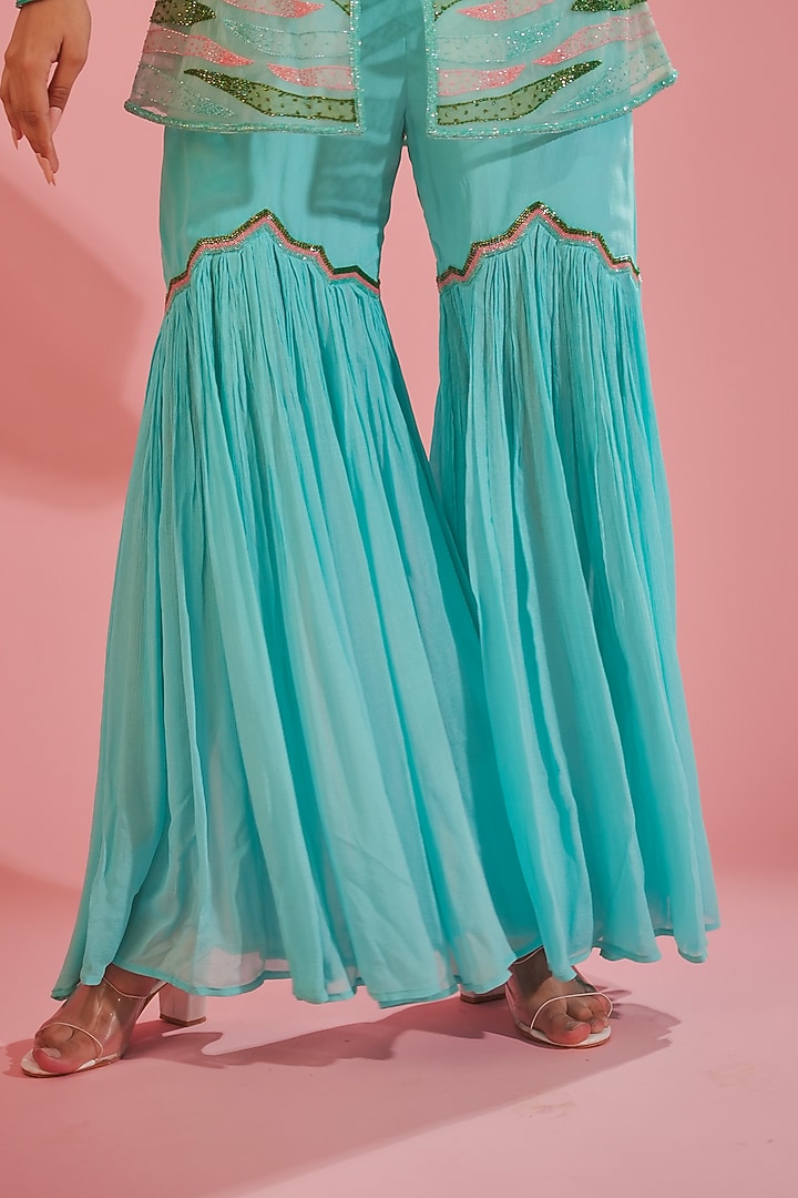 Sea Blue Silk Crepe Wedding Sharara Set by TUHINA SRIVASTAVA at Pernia's Pop Up Shop