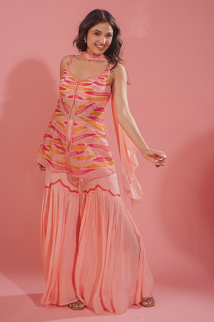 Peachy Pink Silk Crepe Sharara Set by TUHINA SRIVASTAVA at Pernia's Pop Up Shop