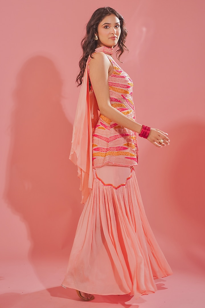 Peachy Pink Silk Crepe Wedding Sharara Set by TUHINA SRIVASTAVA at Pernia's Pop Up Shop