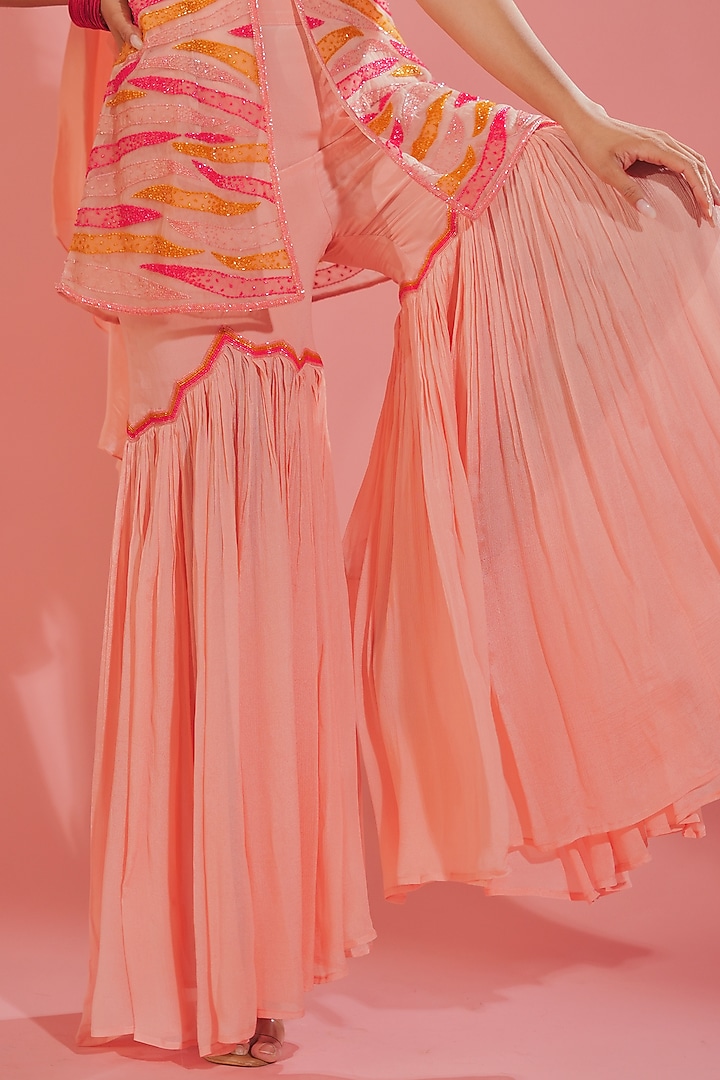 Peachy Pink Silk Crepe Wedding Sharara Set by TUHINA SRIVASTAVA at Pernia's Pop Up Shop