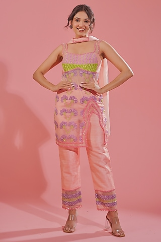 Peach Pink Silk Organza Floral & Cutdana Embroidered Kurta Set by TUHINA SRIVASTAVA