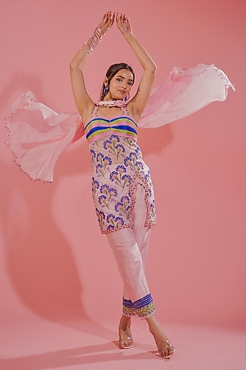Pink Silk Organza Floral & Cutdana Embroidered Kurta Set by TUHINA SRIVASTAVA at Pernia's Pop Up Shop