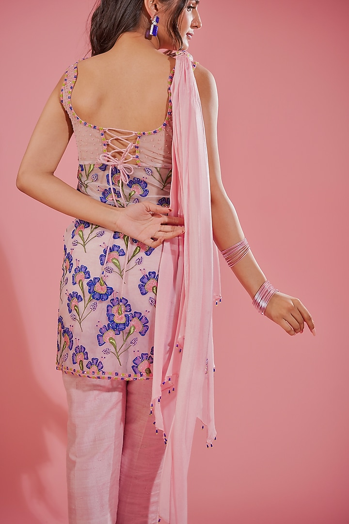 Pink Silk Organza Floral & Cutdana Embroidered Kurta Set by TUHINA SRIVASTAVA at Pernia's Pop Up Shop