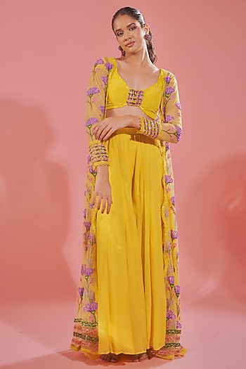 Bright Yellow Silk Organza & Chiffon Wedding Sharara Set by TUHINA SRIVASTAVA at Pernia's Pop Up Shop