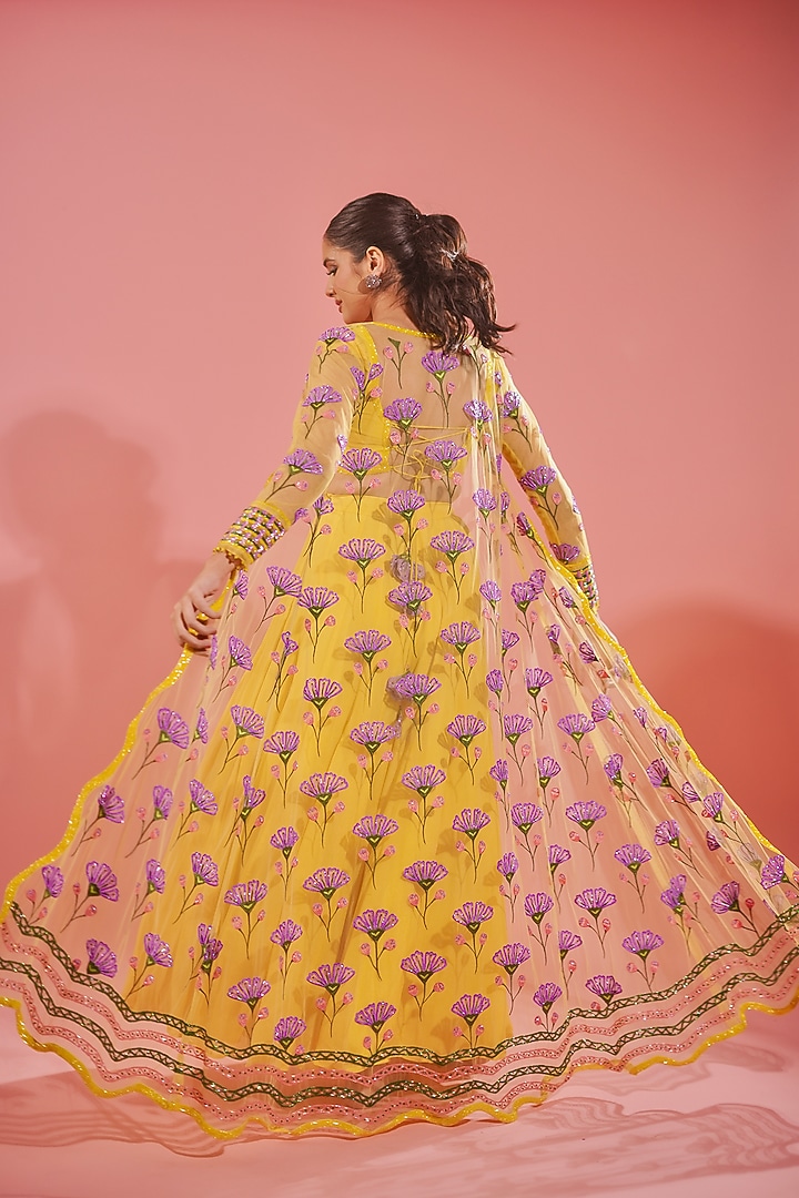 Bright Yellow Silk Organza & Chiffon Wedding Sharara Set by TUHINA SRIVASTAVA at Pernia's Pop Up Shop
