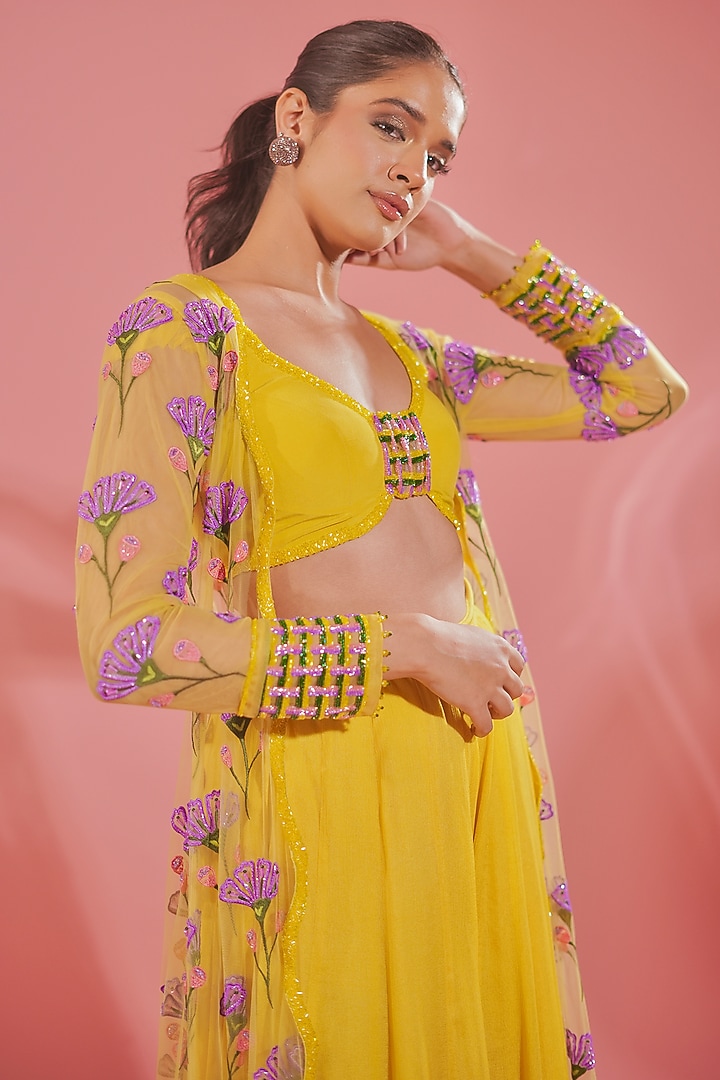 Bright Yellow Silk Organza & Chiffon Wedding Sharara Set by TUHINA SRIVASTAVA at Pernia's Pop Up Shop