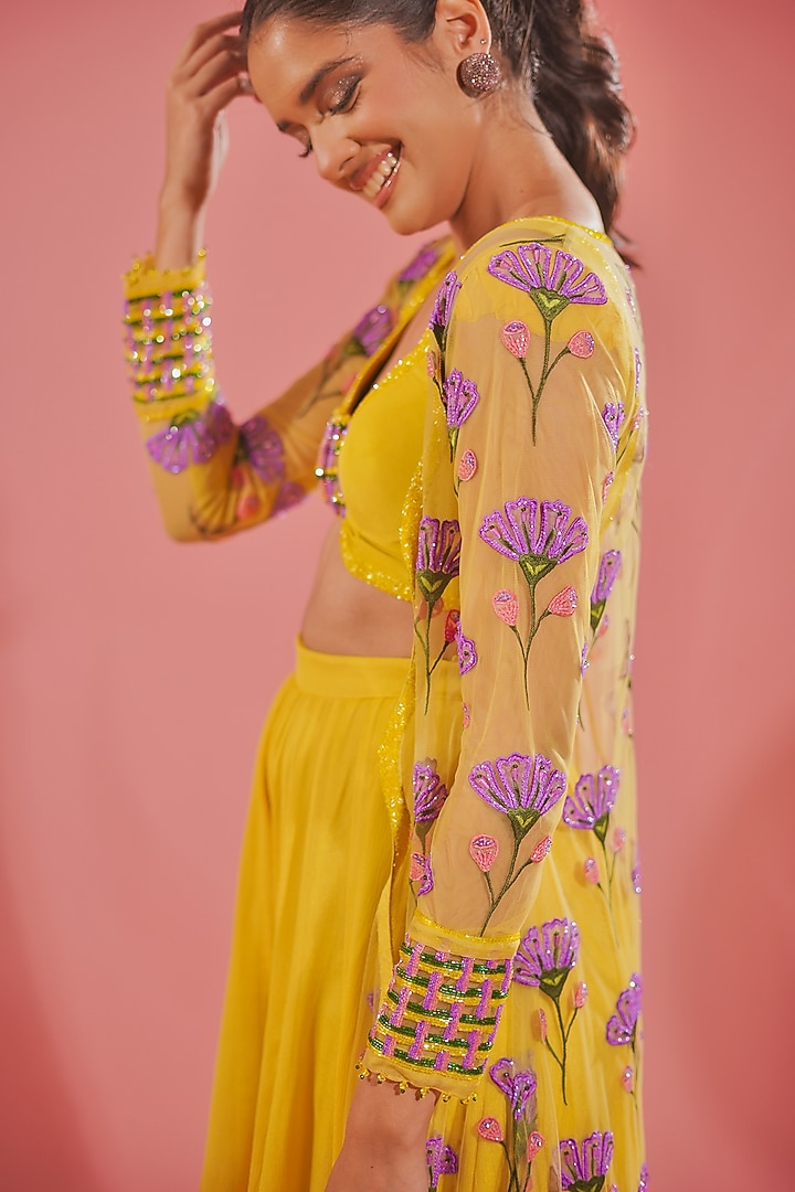 Bright Yellow Silk Organza & Chiffon Wedding Sharara Set by TUHINA SRIVASTAVA at Pernia's Pop Up Shop
