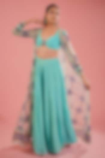 Sea Blue Silk Organza & Chiffon Sharara Set by TUHINA SRIVASTAVA at Pernia's Pop Up Shop