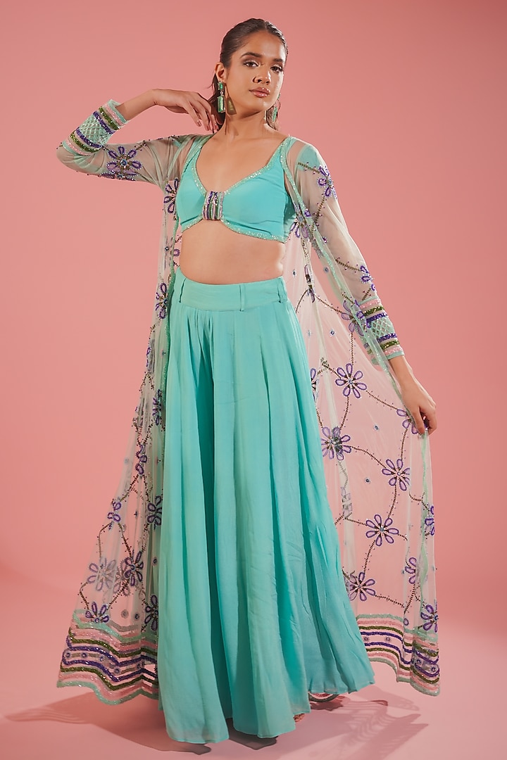 Sea Blue Silk Organza & Chiffon Sharara Set by TUHINA SRIVASTAVA at Pernia's Pop Up Shop