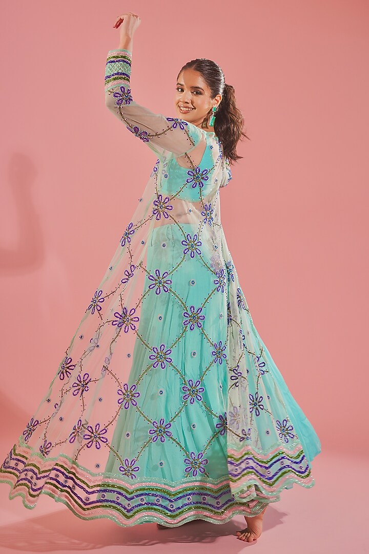 Sea Blue Silk Organza & Chiffon Wedding Sharara Set by TUHINA SRIVASTAVA at Pernia's Pop Up Shop