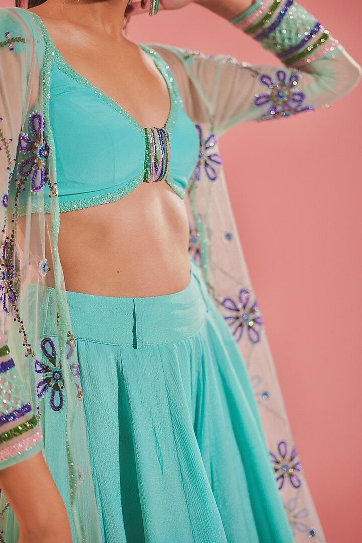 Sea Blue Silk Organza & Chiffon Wedding Sharara Set by TUHINA SRIVASTAVA at Pernia's Pop Up Shop