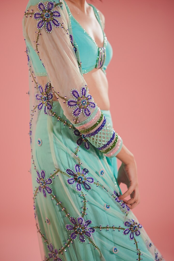 Sea Blue Silk Organza & Chiffon Wedding Sharara Set by TUHINA SRIVASTAVA at Pernia's Pop Up Shop