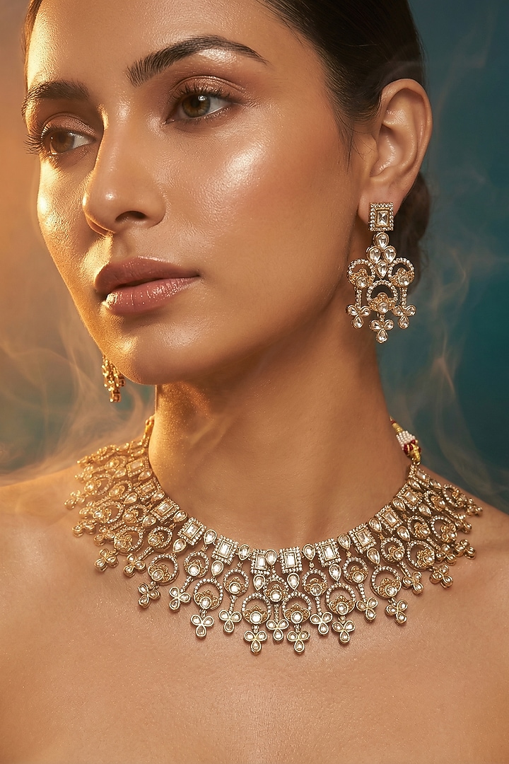 Micro Gold Finish Kundan Polki & Pearl Necklace Set by Tussya at Pernia's Pop Up Shop