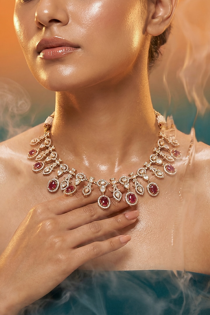 Micro Gold Finish Kundan Polki & Pearl Necklace Set by Tussya at Pernia's Pop Up Shop