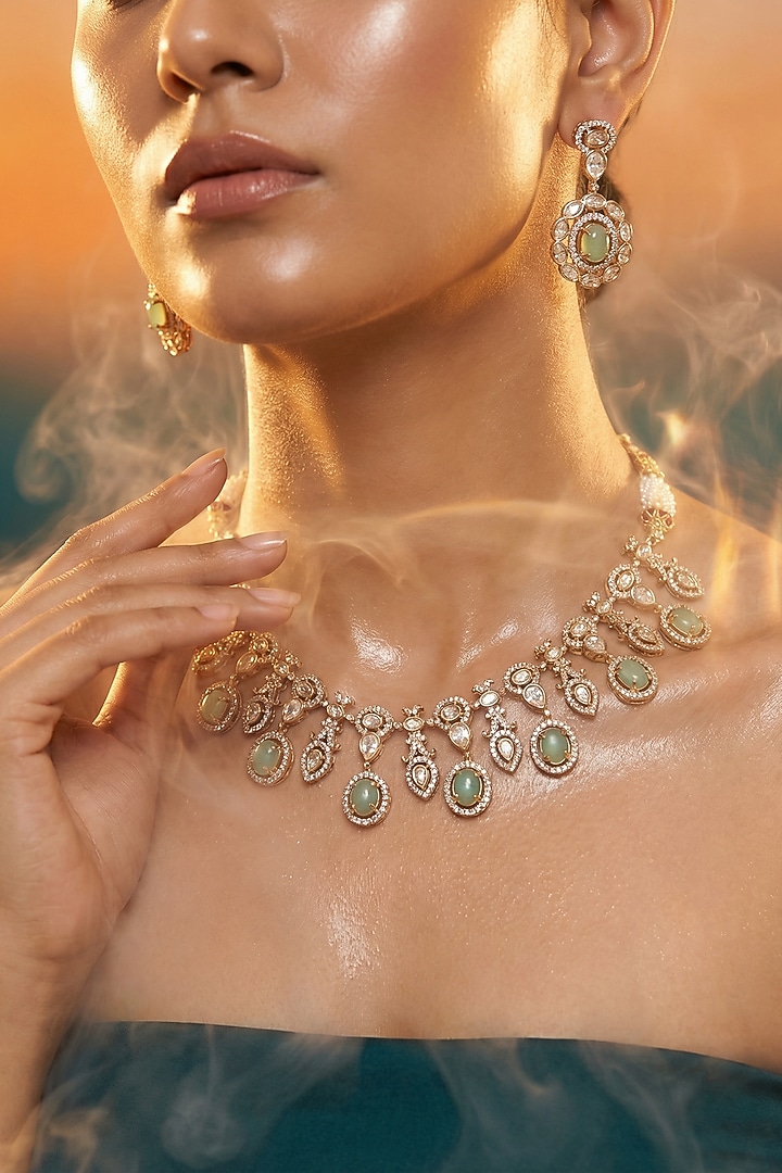 Micro Gold Finish Kundan Polki & Pearl Necklace Set by Tussya at Pernia's Pop Up Shop