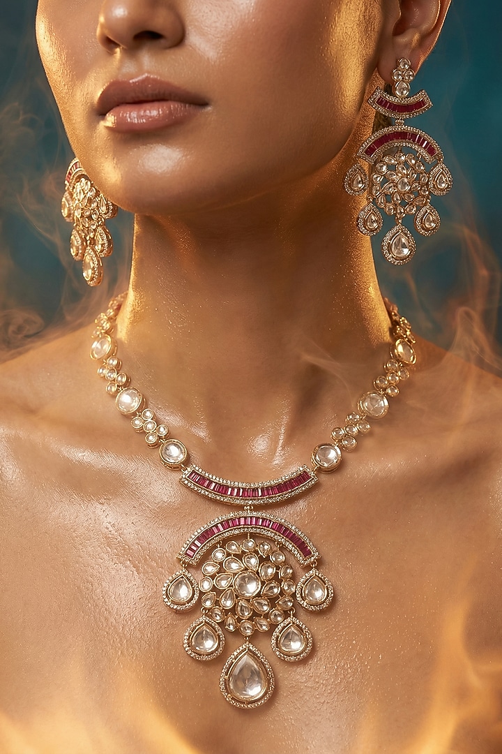 Micro Gold Finish Kundan Polki & Pearl Necklace Set by Tussya at Pernia's Pop Up Shop