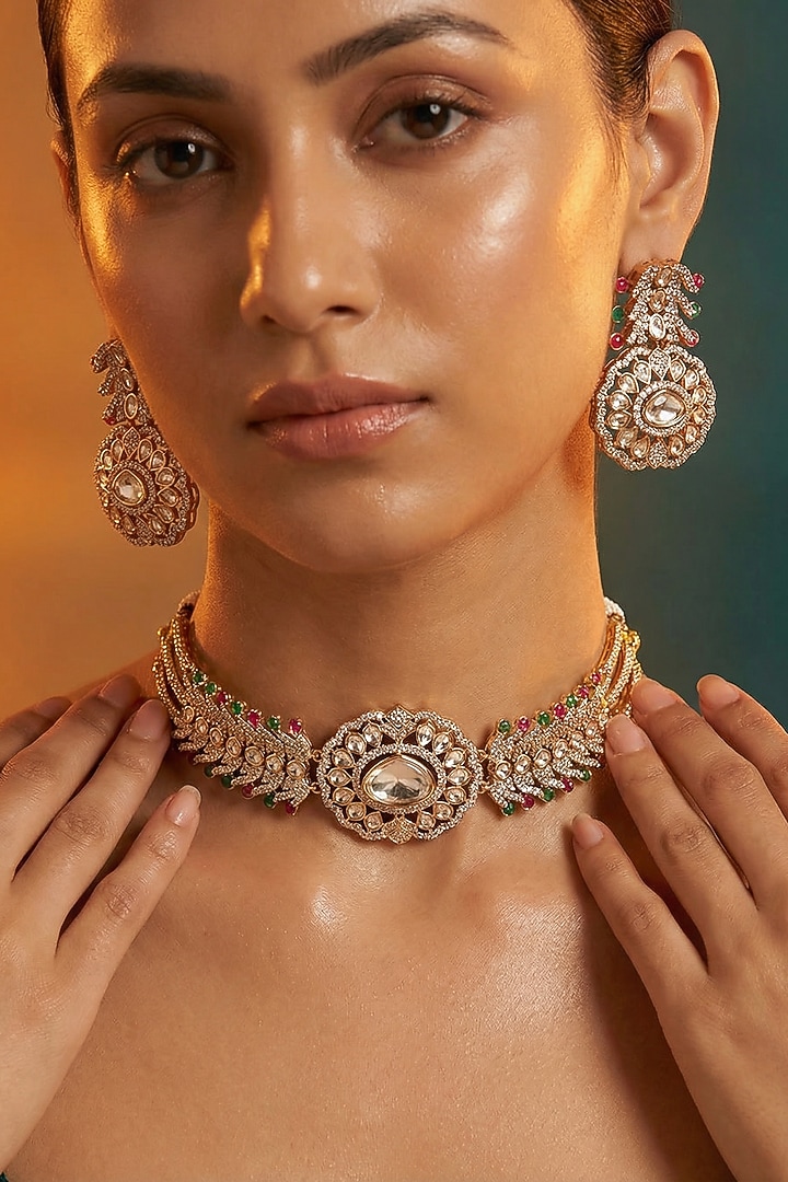 Micro Gold Finish Kundan Polki & Pearl Necklace Set by Tussya at Pernia's Pop Up Shop