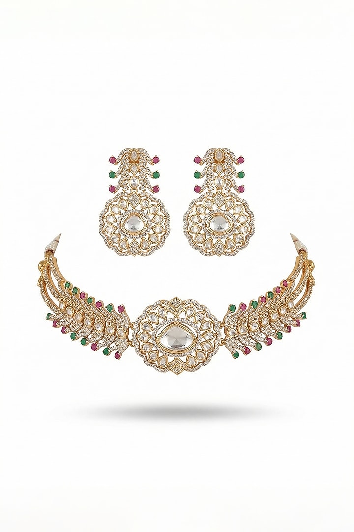 Micro Gold Finish Kundan Polki & Pearl Necklace Set by Tussya at Pernia's Pop Up Shop