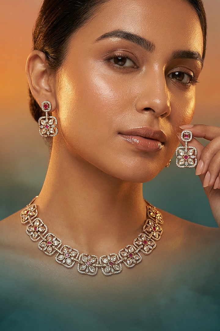 Micro Gold Finish Kundan Polki & Pearl Necklace Set by Tussya at Pernia's Pop Up Shop