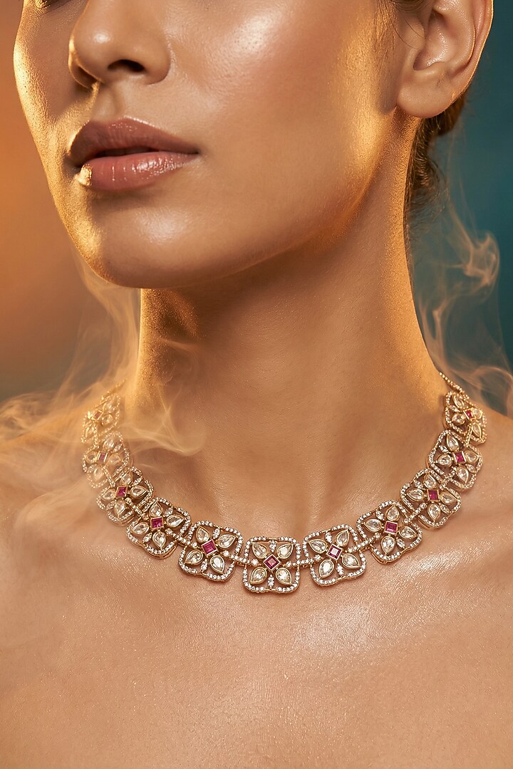 Micro Gold Finish Kundan Polki & Pearl Necklace Set by Tussya at Pernia's Pop Up Shop