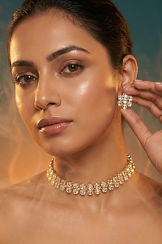 Micro Gold Finish Kundan Polki & Pearl Necklace Set by Tussya