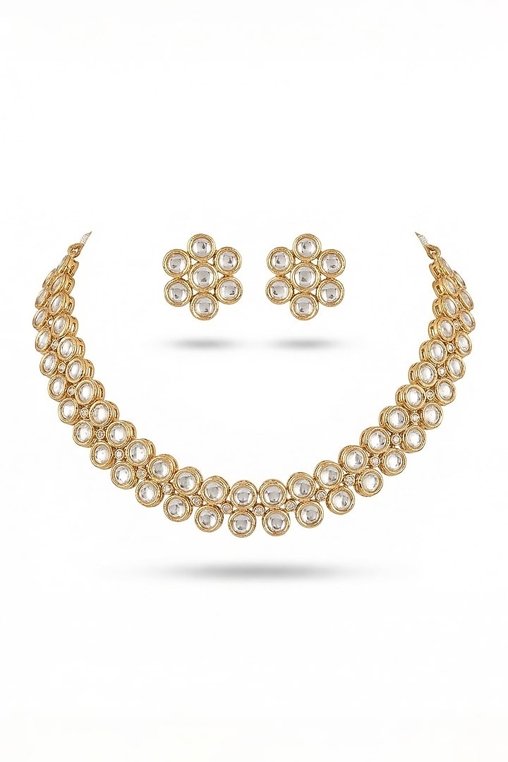 Micro Gold Finish Kundan Polki & Pearl Necklace Set by Tussya at Pernia's Pop Up Shop