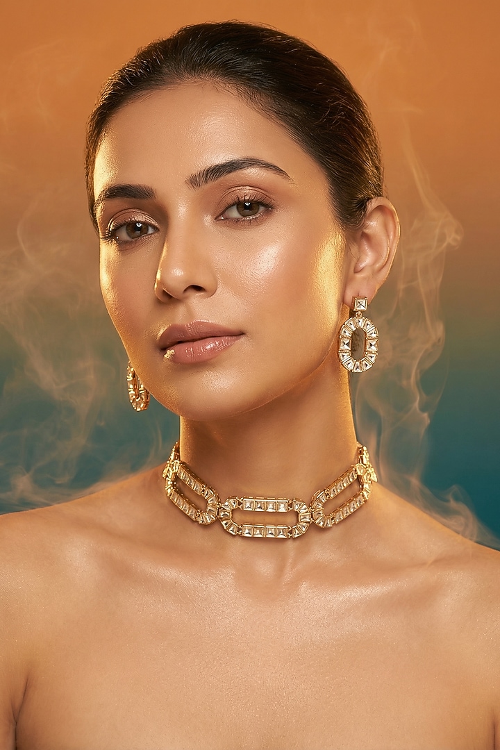 Micro Gold Finish Kundan Polki & Pearl Necklace Set by Tussya at Pernia's Pop Up Shop