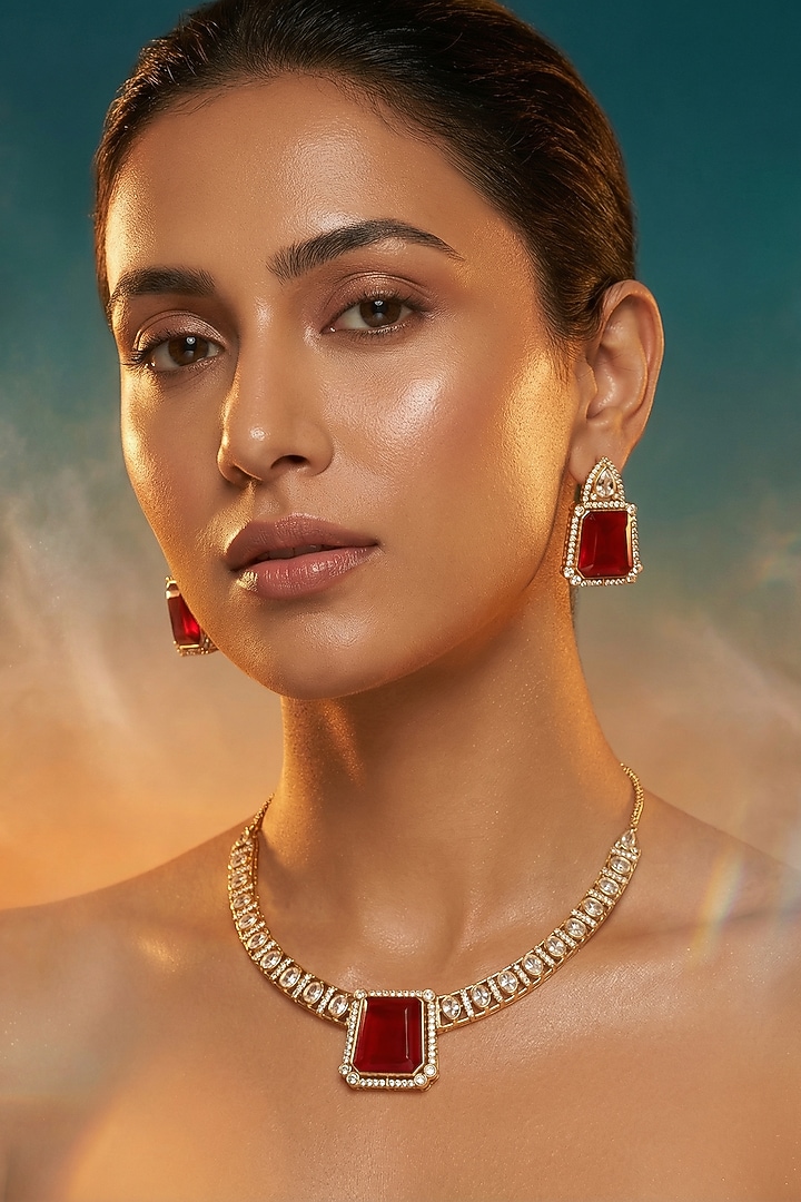 Micro Gold Finish Kundan Polki & Pearl Necklace Set by Tussya at Pernia's Pop Up Shop