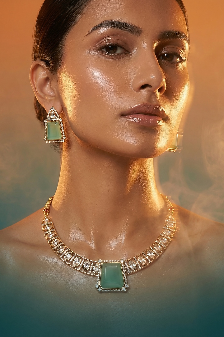 Micro Gold Finish Kundan Polki & Pearl Necklace Set by Tussya at Pernia's Pop Up Shop