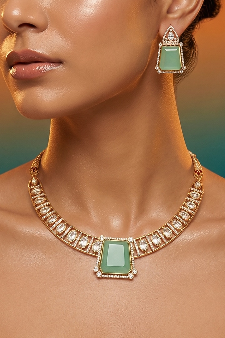 Micro Gold Finish Kundan Polki & Pearl Necklace Set by Tussya at Pernia's Pop Up Shop