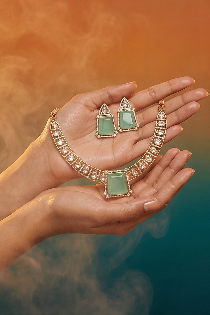 Micro Gold Finish Kundan Polki & Pearl Necklace Set by Tussya at Pernia's Pop Up Shop