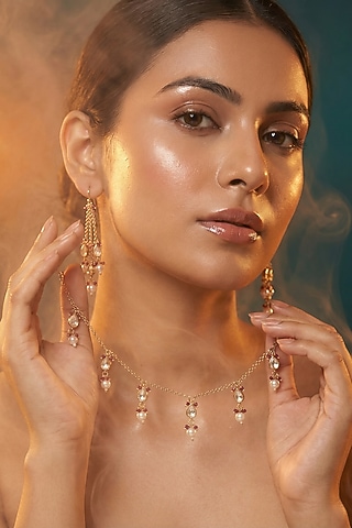 Micro Gold Finish Kundan Polki & Pearl Necklace Set by Tussya